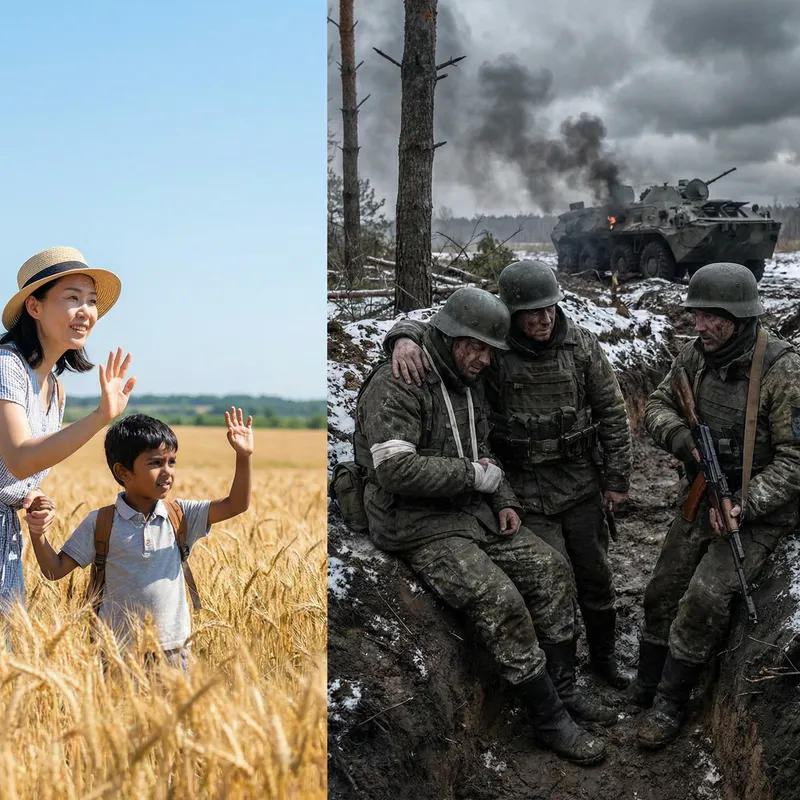Contrasts of War: NATO Soldiers in Trench vs Peaceful Scene