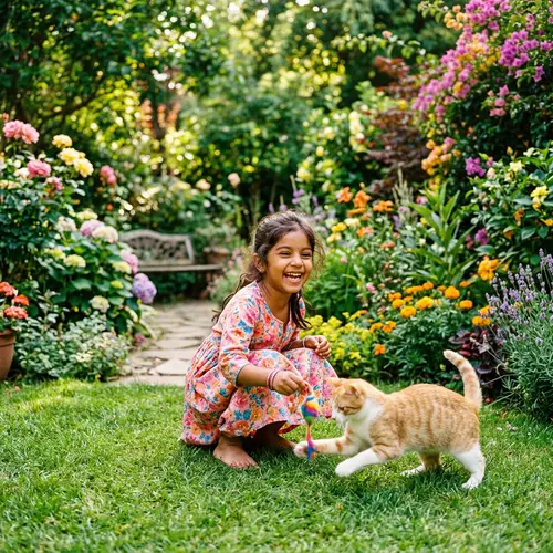 South Asian Girl Playing with Cat in Vibrant Green Garden