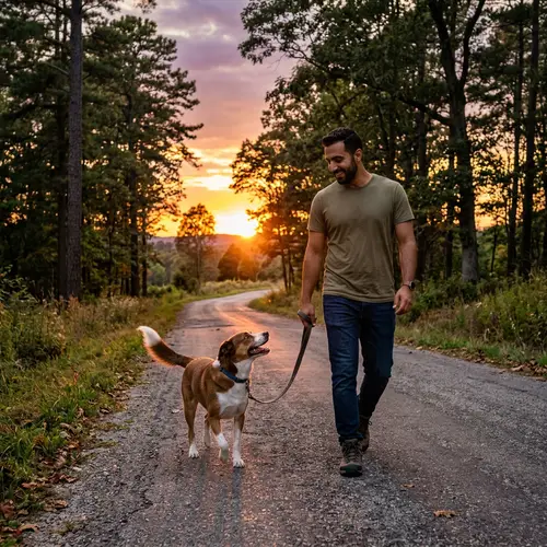 Middle-Eastern Man Walking with Loyal Dog at Sunset