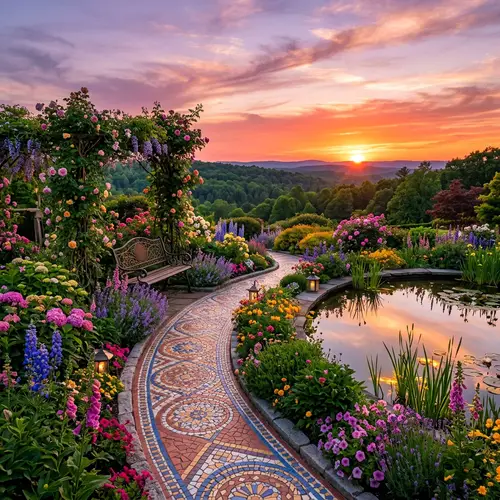 Serene Garden Oasis at Sunset with Wrought Iron Bench