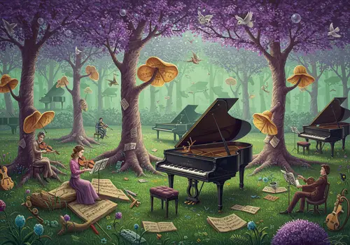 Surreal Garden of Pianos: A Musical Wonderland