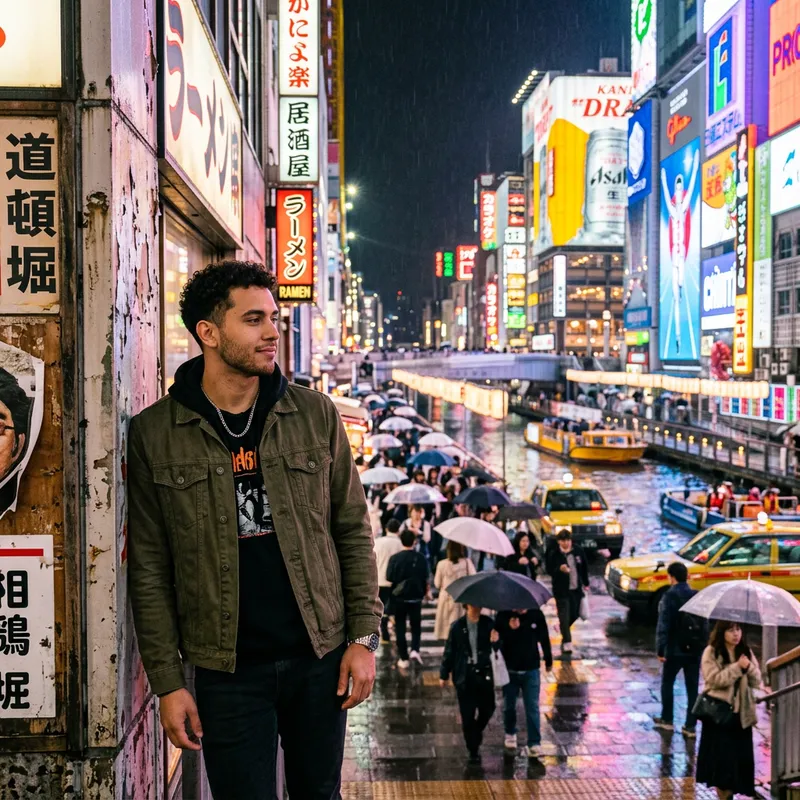 Hispanic Male in Neon Cityscape - Urban Japan Nightlife View