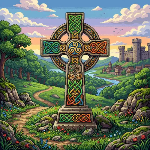 Vibrant Retro Pixel Art Celtic Cross