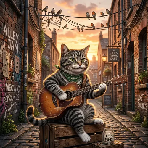 Funny Street Cat Playing Guitar in Sunset Alley