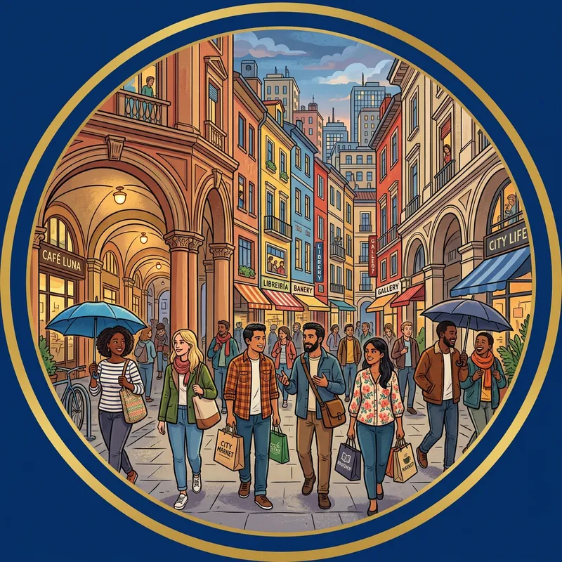 City Icon with Diverse Pedestrians on Covered Sidewalks