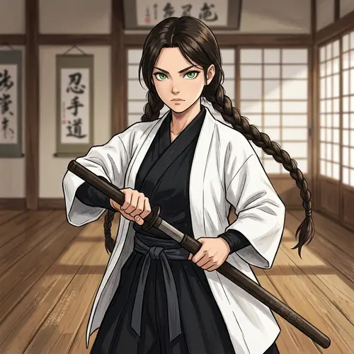 Japanese Jujutsu Master: Female Ninja Warrior with Dual-Braided Hair
