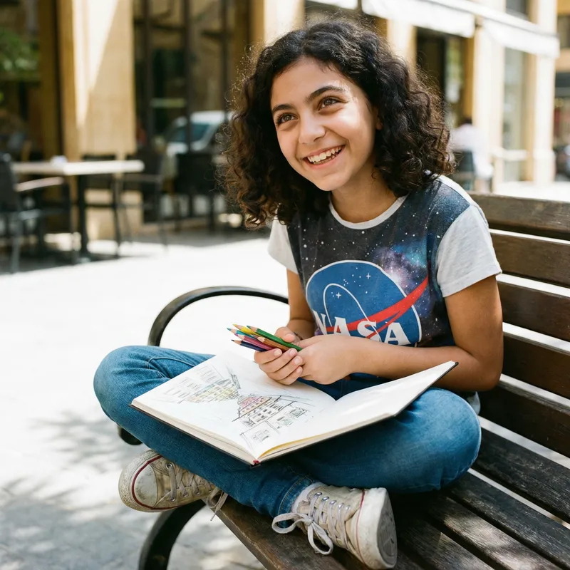 Charming 13-Year-Old Girl with Sketchpad