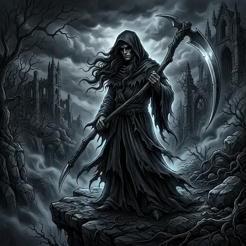 Gothic Fantasy Scene with Mysterious Figure and Sharp Scythe