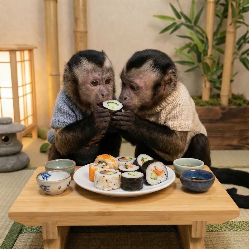 Monkey Eating Sushi with Girlfriend - Cute Scene Monkey Eating Sushi with Girlfriend - Cute Scene