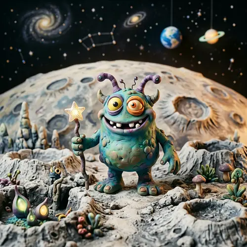 Whimsical Claymation Monster in Miniature Moon Landscape