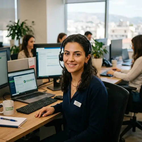 Young Greek Woman with Headset - Polite Customer Service