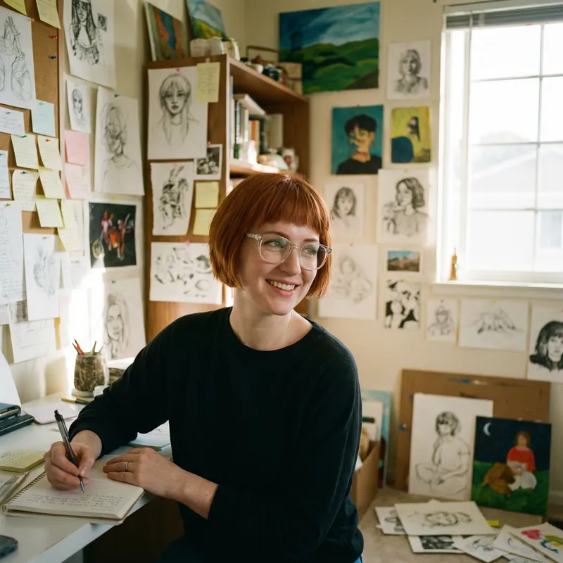 Red-Haired Writer with Green Eyes | Short Hair & Chic Glasses