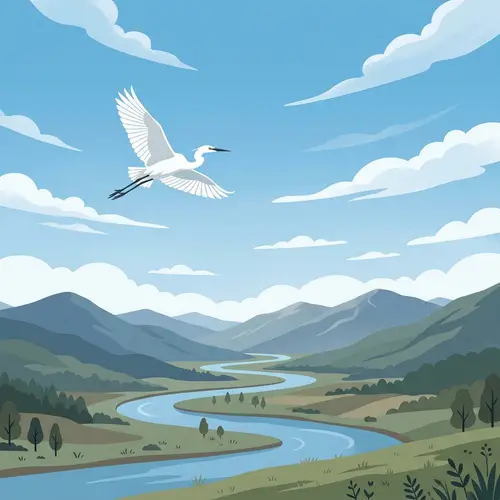 White Egret Flying in Blue Sky Over River and Mountains