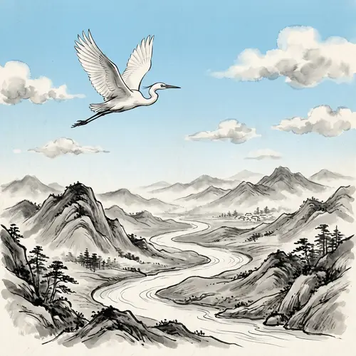 White Egret Flying in Clear Blue Sky over River and Mountains