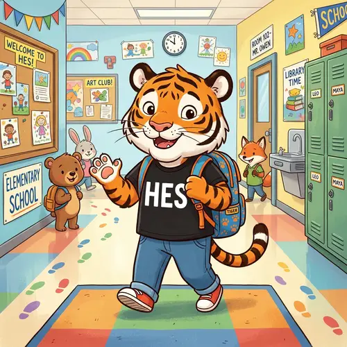 Cartoon Tiger in School: HES Black Shirt