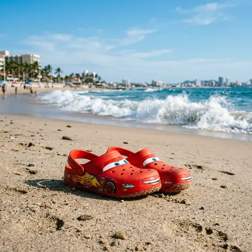Colorful Lightning McQueen Crocs Sandals on Mazatlan Beach