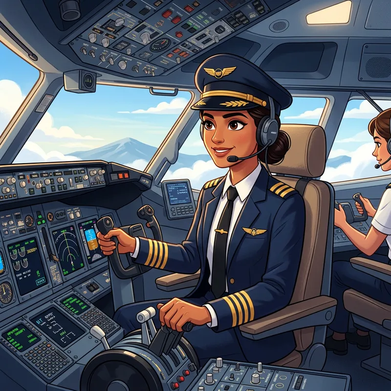 Female Pilot in Animated Airplane Cockpit