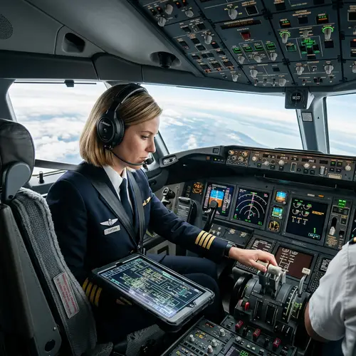 Skilled Caucasian Woman Pilot Mastering Cutting-Edge Aircraft Technology