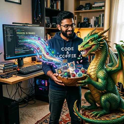 South Asian Programmer Feeding Mythical Dragon with Kittens & Virtual Bugs