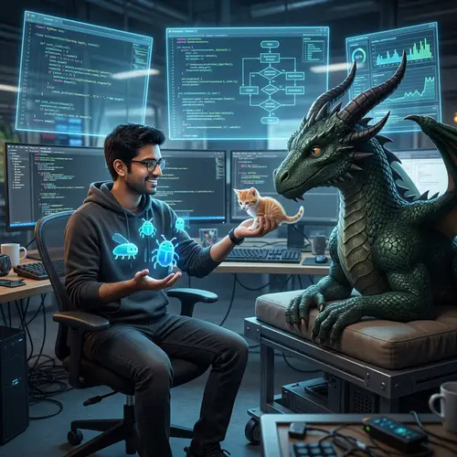 South Asian Programmer Feeding Dragon Playful Kittens & Digital Bugs