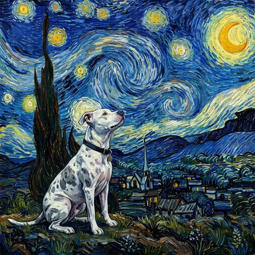 Pitbull Dog Contemplates Van Gogh's Starry Night Sky