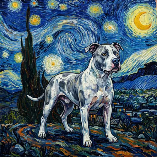 Starry Night with Pitbull Dog in Van Gogh Style