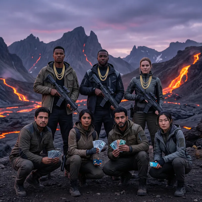 Diverse Group of Seven with Weapons, Gold Chains, and Money in Futuristic Setting