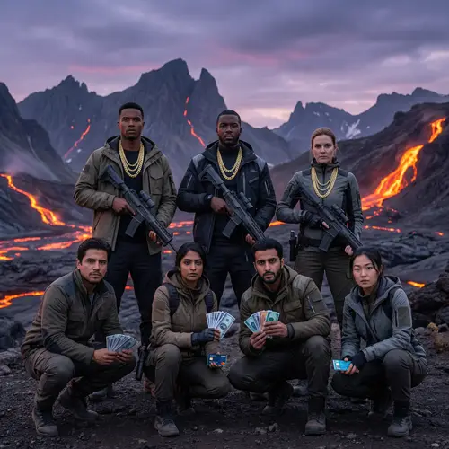 Diverse Group of Seven Individuals with Gold Chains and Money