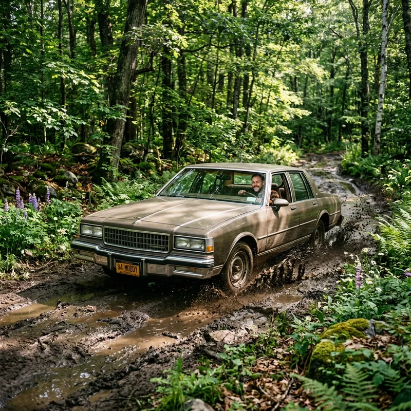 Classic American Sedan Off-Roading Adventure in Forest