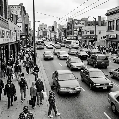 1993 Busy Street Scene: Cars, People, Diversity | Grey Values