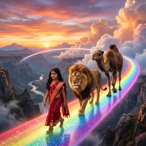 Majestic Lion Leading Unlikely Procession Across Prismatic Rainbow Bridge