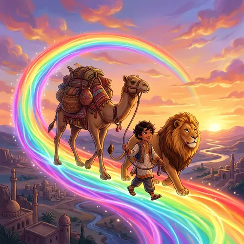 Middle-Eastern Child Guiding a Camel and Lion Across Rainbow Bridge
