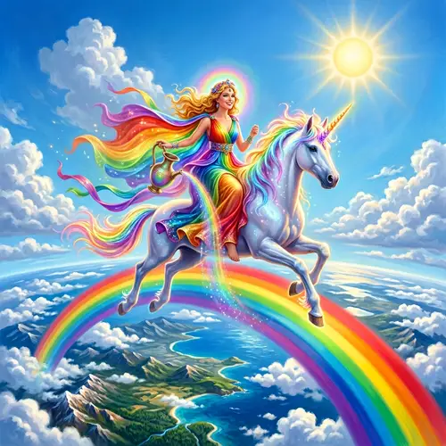 Goddess of Rainbows Iris Riding Unicorn - Majestic Spectacle