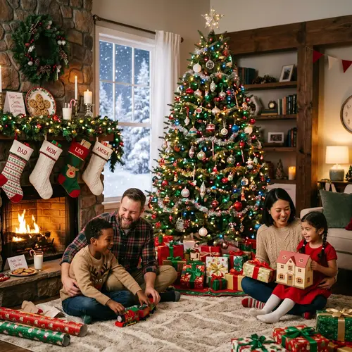 Enchanting Christmas Scene with Diverse Family Unwrapping Gifts