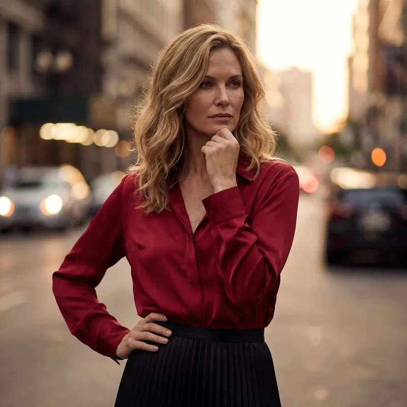 Elegant 38-Year-Old Model in Striking Red and Black