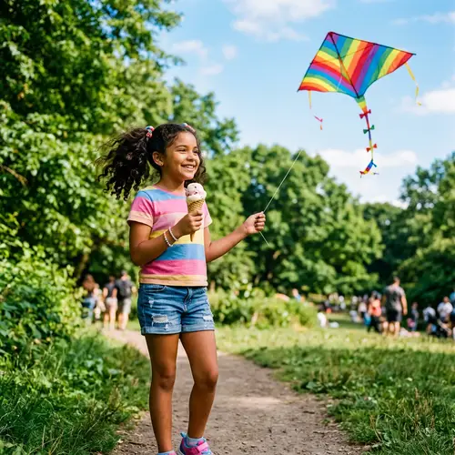 Joyful Latina Girl with Ice Cream Cone and Kite in Park
