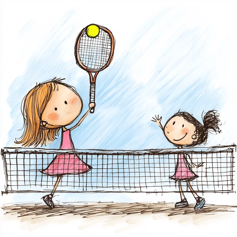 Stick Figure Tennis Game Featuring Two Girls