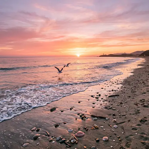 Tranquil Ocean Sunset with Seashells and Seagulls