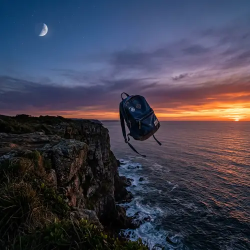 School Bag Plunging into Sea: Sunset to Moonrise Transition