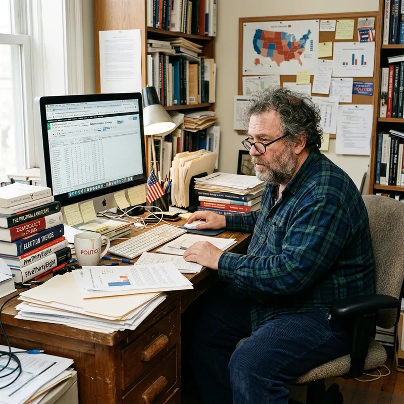 Disheveled Middle-Aged Political Analyst at Work