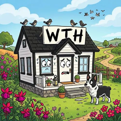 Adorable Black and White Bungalow with Concerned Cattle Dog | W T H Signage