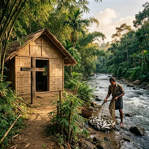 Quaint Bamboo Church with Fisherman | Peaceful Riverside Scene
