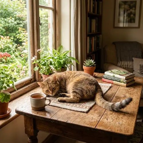 Quaint Cat Lounging on Wooden Table