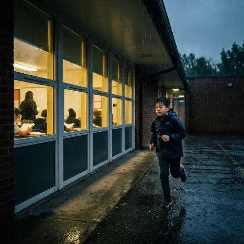 Eerie Rainy Classroom Scene With Mysterious Boy