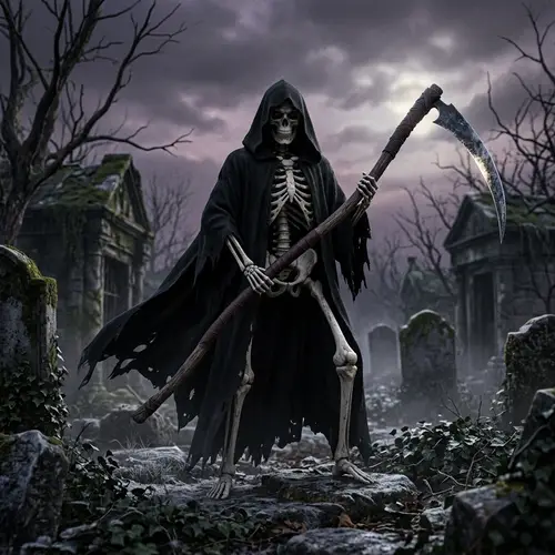 Macabre Skeleton Warrior with Dark Cloak & Scythe
