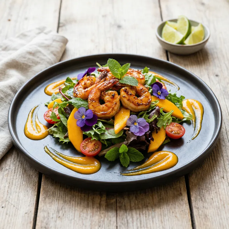 Tropical Salad with Spiced Prawns and Modelgo Coulis