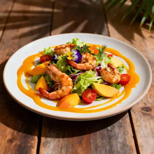 Tropical Salad with Spiced Prawns and Modelgo Coulis