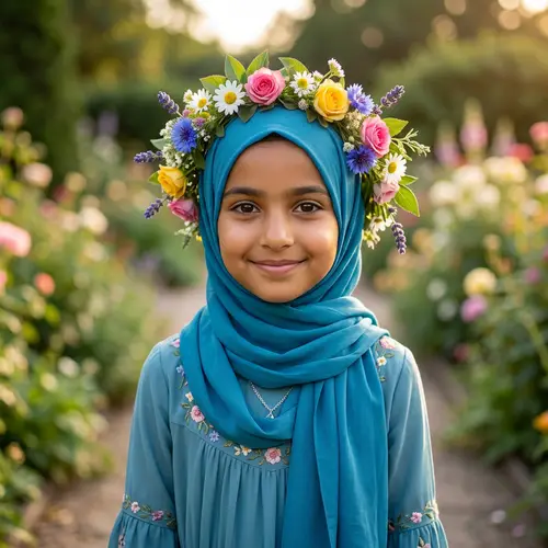 Muslim Girl with Headscarf and Flower | Elegant Middle-Eastern Descent