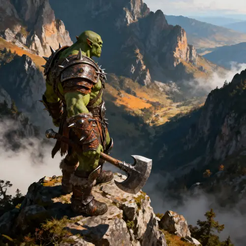 Orc Warrior Gazing Over Majestic Mountains