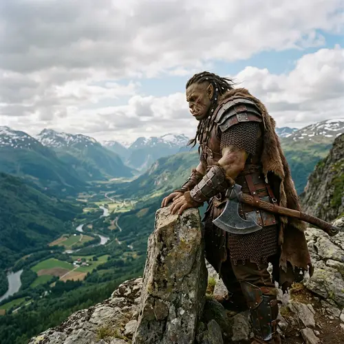 Orc Warrior Gazing Over Majestic Mountains